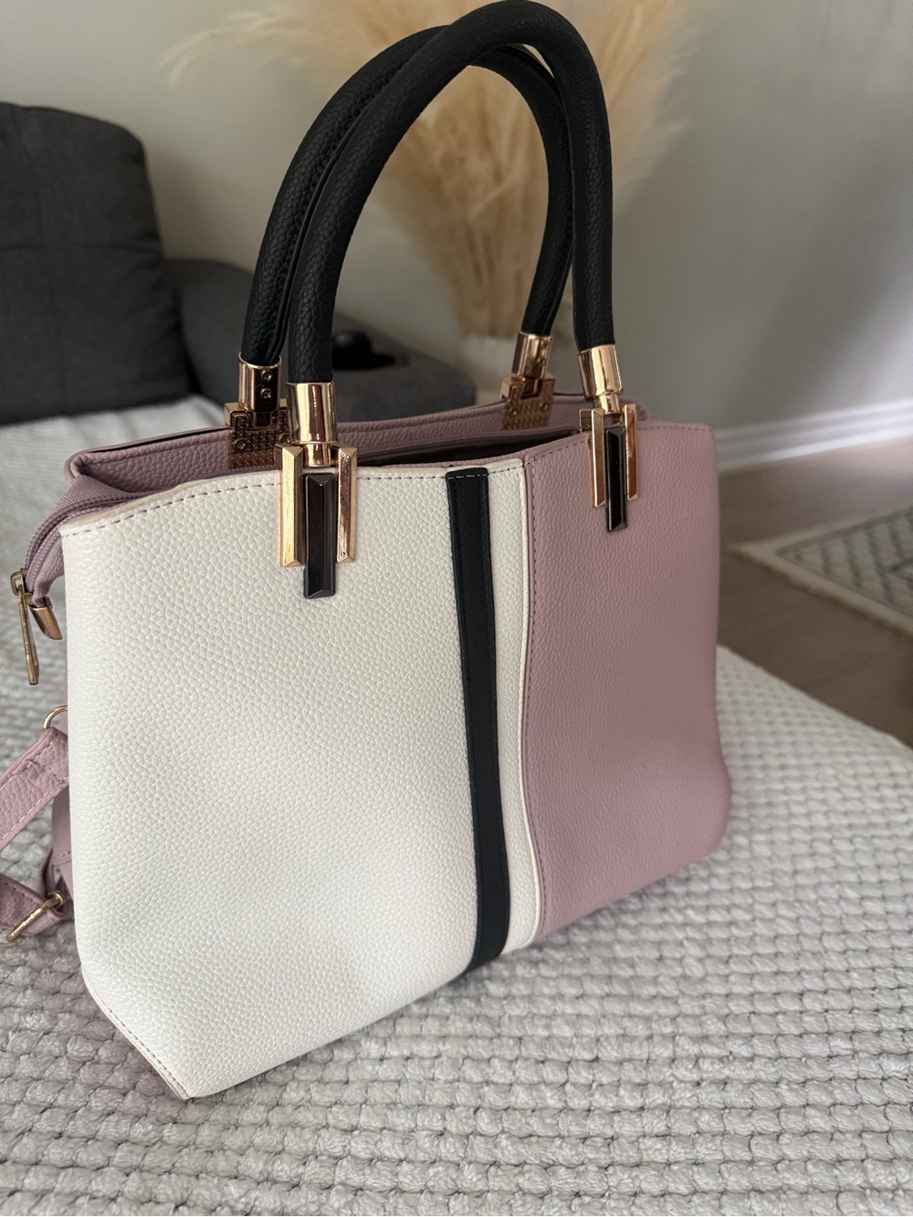Structured Two-Tone Tote Bag in Pink and White with Black Accents